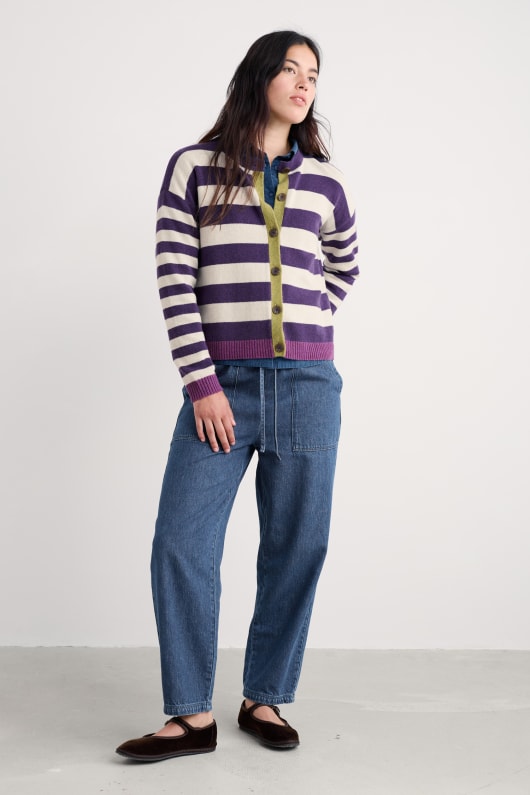 pinwell gestreifte strickjacke gemacht mit lammfell